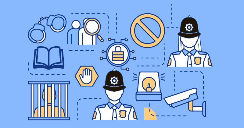 An illustration featuring a policeman, potential offenders, cctv, a prisoner