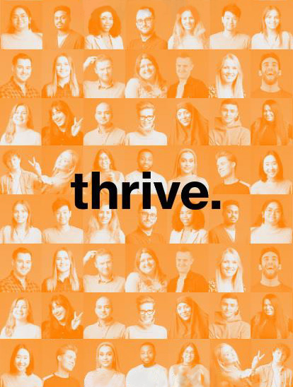 An image with a diverse range of people in the background, overlayed with the word Thrive