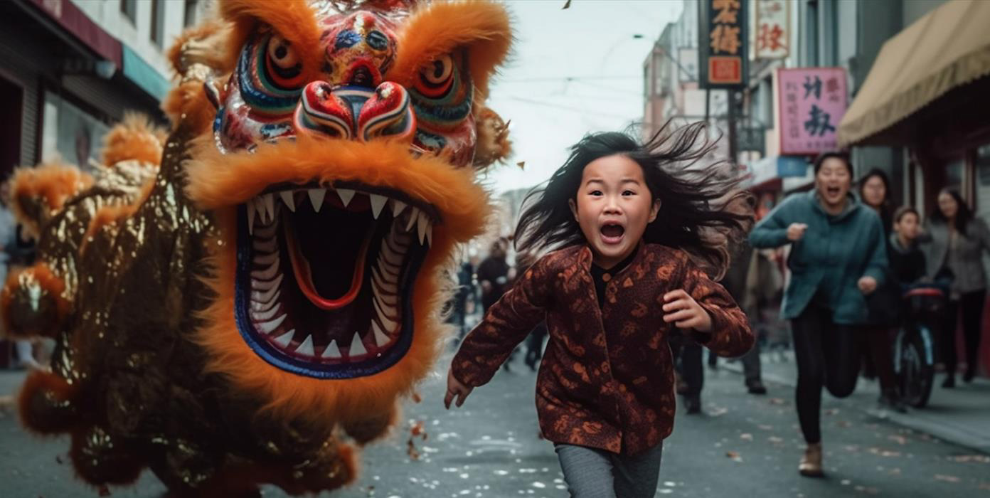 A chinese dragon chasing a child