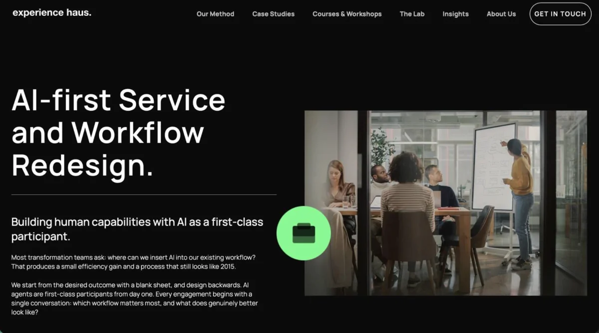 A screenshot from the Experience Haus website with the title AI-first Service and Workflow Redesign